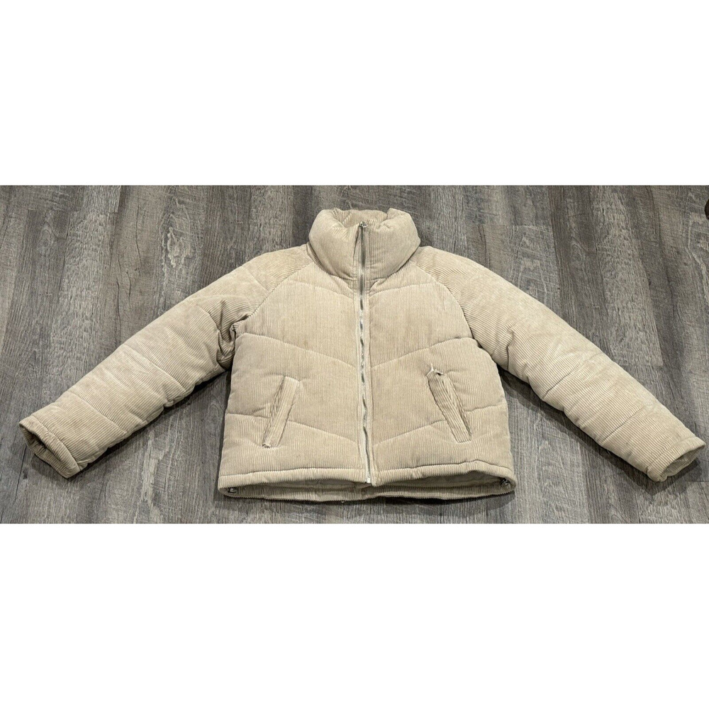Sebby Corduroy Stone Cream/Tan Puffer Coat jacket Sz Small SEE PICS FOR DEFECTS